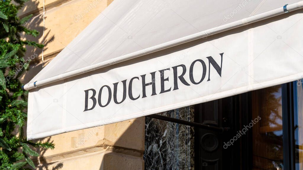 Paris, France - November 22, 2023: Awning of the Boucheron boutique located Place Vendome in Paris. Boucheron is a French company specializing in jewelry, watches and luxury goods