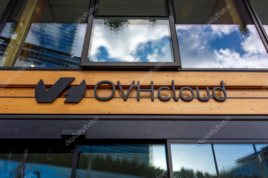 Paris, France - November 25, 2023: Sign at the entrance of an OVHcloud building. OVHcloud, formerly OVH, is a French company specializing in cloud computing and internet data hosting provider