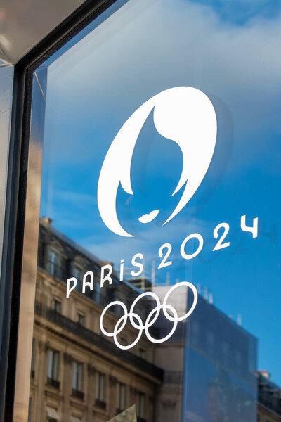 Paris, France - January 5, 2024: Close-up of the Paris 2024 logo, symbol of the Summer Olympic Games in Paris, with the Olympic rings
