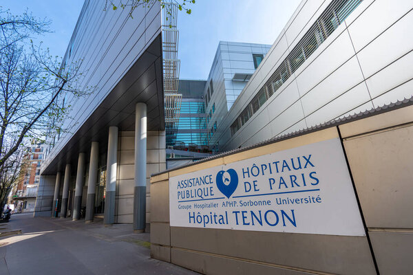 Paris, France - March 22, 2024: Facade of the Tenon hospital (Meyniel building). The Tenon Hospital (Hpital Tenon) is part of the Groupe Hospitalier Universitaire AP-HP Sorbonne Universite of Paris