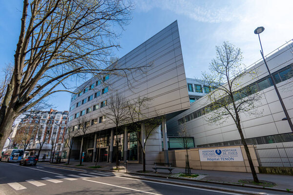 Paris, France - March 22, 2024: Facade of the Tenon hospital (Meyniel building). The Tenon Hospital (Hpital Tenon) is part of the Groupe Hospitalier Universitaire AP-HP Sorbonne Universite of Paris