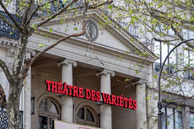 Paris, France - April 10, 2024: Detail of the facade and sign of the Theatre des Varietes, a performance hall and theater located on Boulevard Montmartre, in the 2nd arrondissement of Paris clipart