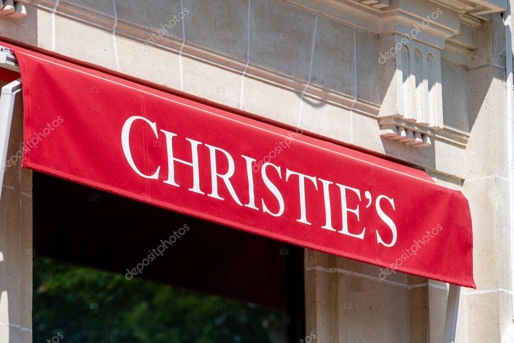 Paris, France - April 18, 2024: Sign on an awning of the Christie's building in Paris, France. Christie's is an international auction house headquartered in London, United Kingdom