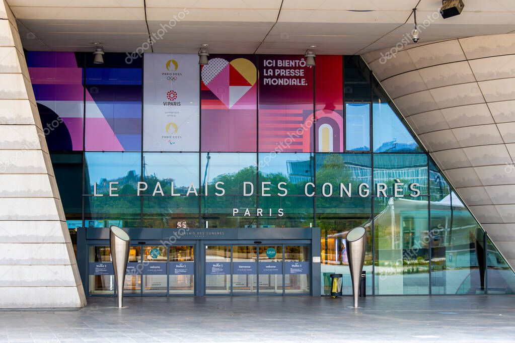 Paris, France - May 8, 2024: Entrance to the Palais des Congres de Paris, convention and congress center, performance hall and Main Olympic Press Center (MPC) during the Paris 2024 summer Olympics