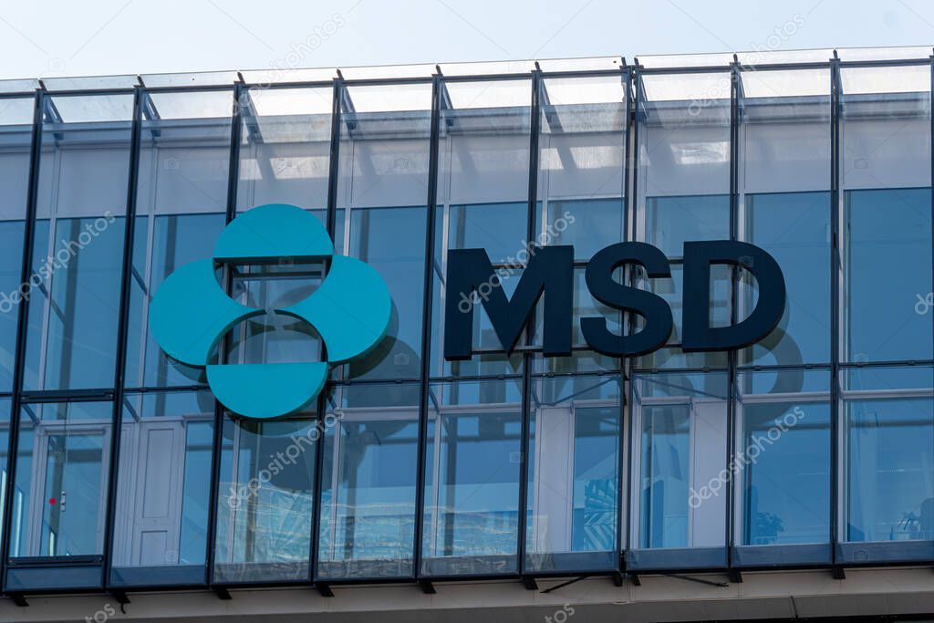 Puteaux, France - May 9, 2024: Sign and logo on the headquarters of Merck Sharp and Dohme (MSD) France, French subsidiary of the American multinational pharmaceutical group Merck and Co. Inc.