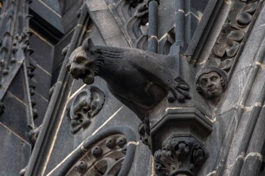 Medieval art: Gargoyle of the Notre-Dame-de-l'Assomption Cathedral in Clermont-Ferrand, France, historic monument in Gothic style built in the 13th century in black Volvic stone clipart