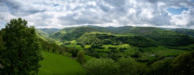 Tipik Auvergne manzarası. Maronne Vadisi 'nin panoramik manzarası Fransa' nın Salers köyünden Cantal departmanına, Auvergne-Rhone-Alpes bölgesine.