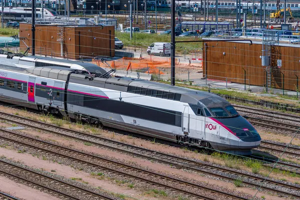 stock image Paris, France - July 17, 2024: TGV Inoui train near Gare de Lyon station. TGV is France's intercity high-speed rail service, operated mainly by SNCF, France's national state-owned railway company