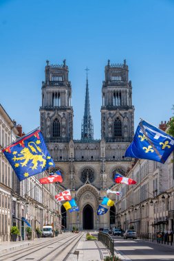 Orleans, Fransa - 31 Temmuz 2024: Jeanne d 'Arc Sokağı Perspective with the Sainte-Croix d' Orleans Gotik katedrali