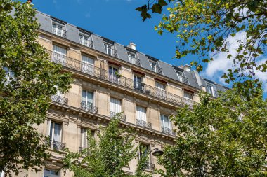 Paris tarzı klasik apartman binalarının ön cepheleri ağaçlarla kaplı bir cadde boyunca. Fransa 'da ve Fransa' da eski konutlar için emlak piyasası kavramı