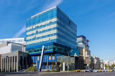 Moscow, Russian Federation - September 23, 2023: Exterior view of Kuntsevo Plaza, a shopping mall and entertainment complex located in the Kuntsevo district of western Moscow clipart