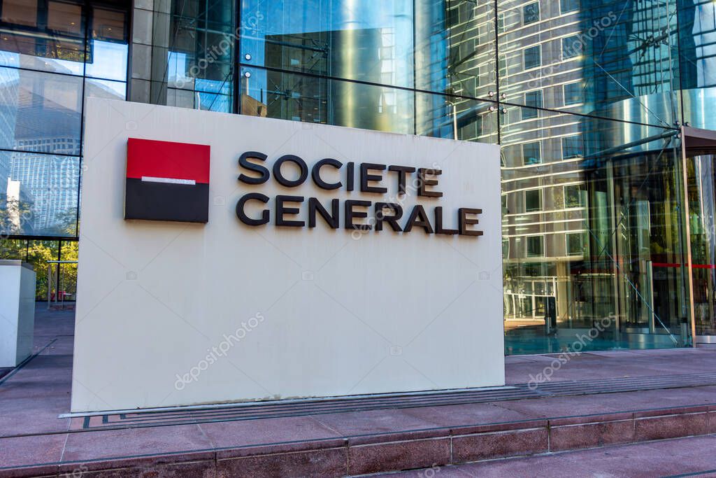 Puteaux, France - October 23, 2024: Sign and logo at the entrance to the towers of the French bank Societe Generale, located in the Paris La Defense business district