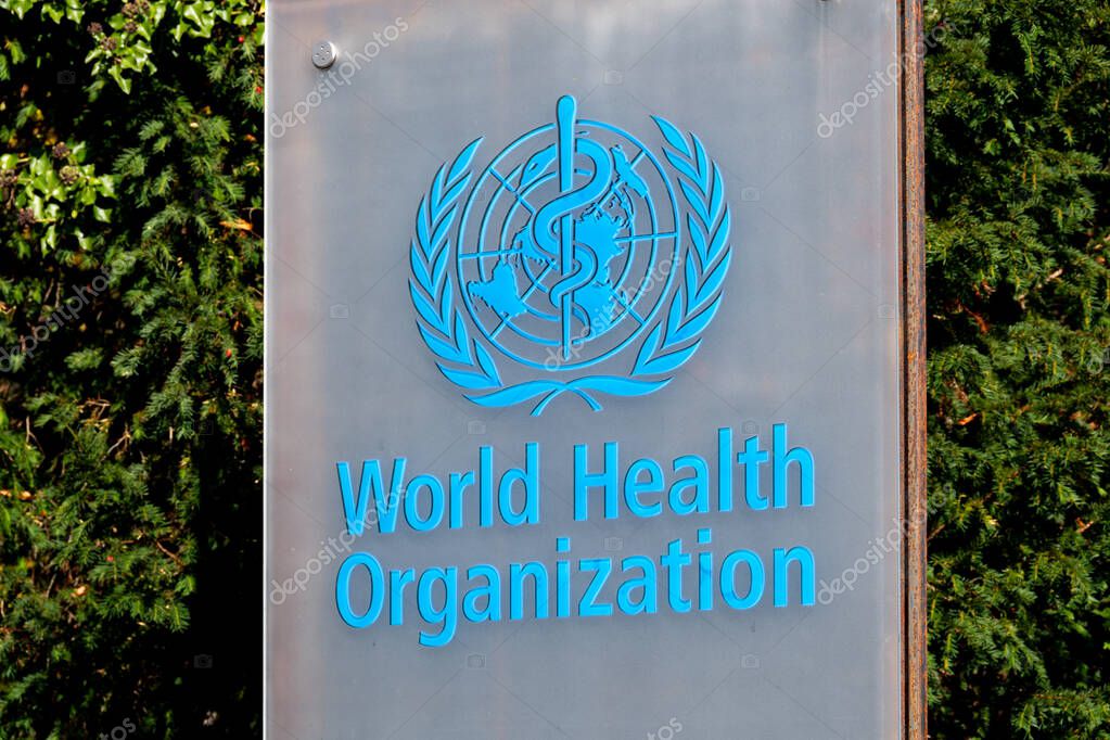 Geneva, Switzerland - November 16, 2024: Sign and logo at the entrance to the World Health Organization (WHO), the specialized agency of the United Nations in charge of global public health