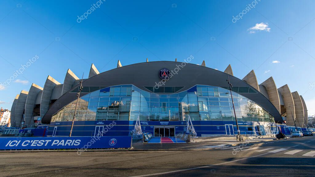 Paris, France - January 3, 2025: Front view of the main entrance to the Parc des Princes, a French stadium home to the Paris Saint-Germain (PSG) football club located in southwest Paris