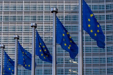 Avrupa Birliği 'nin beş bayrağı, Berlaymont binasına karşı dalgalanan sembolleri, Brüksel, Belçika' daki Avrupa Komisyonu karargahı