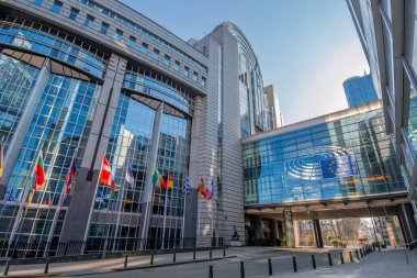 Brüksel, Belçika - 8 Mart 2025: Avrupa Parlamentosu 'nun dış görünümü. Avrupa Parlamentosu (AP), Avrupa Birliği 'nin (AB) doğrudan vatandaşlar tarafından seçilen parlamento kurumudur.