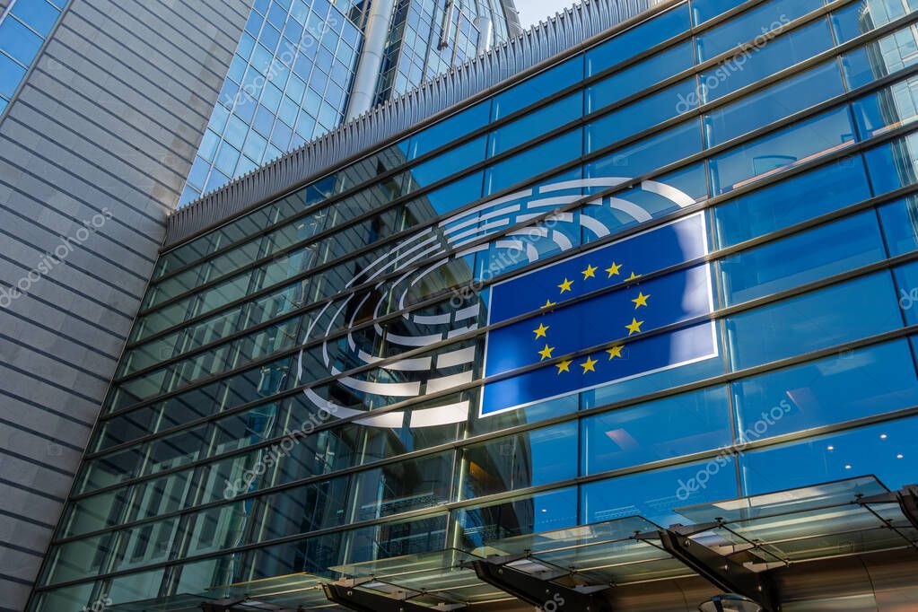 Brussels, Belgium - March 8, 2025: Sign and logo on the facade of the European Parliament. The European Parliament is the parliamentary institution of the European Union directly elected by citizens