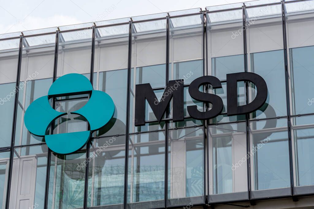 Puteaux, France - April 16, 2025: Sign and logo on the building housing the headquarters of Merck Sharp and Dohme (MSD) France, the French subsidiary of the American pharmaceutical group Merck and Co
