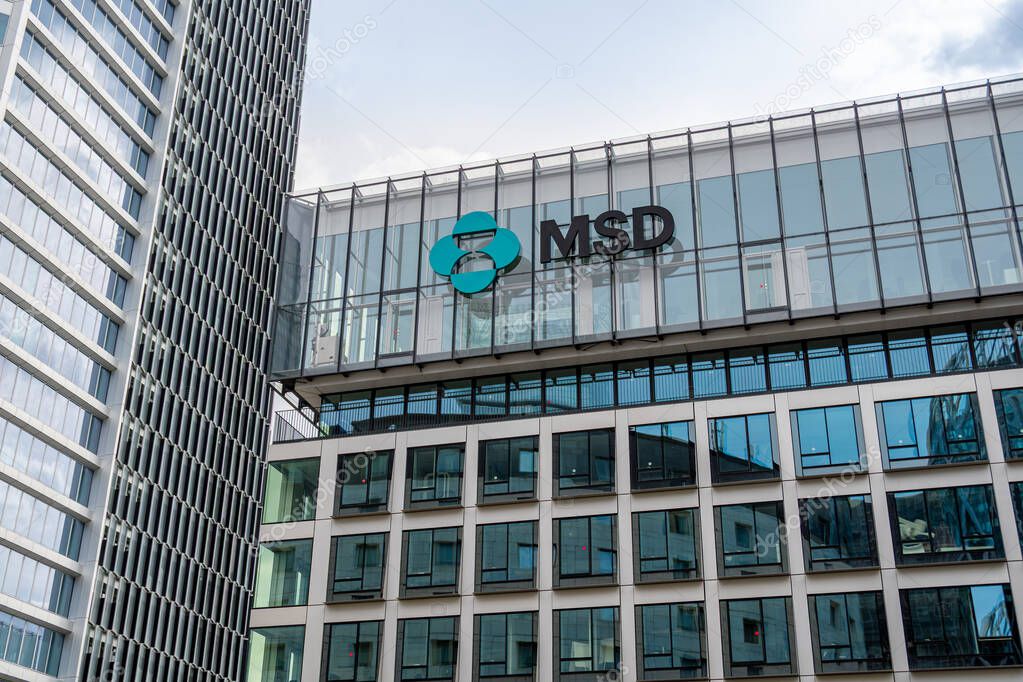 Puteaux, France - April 16, 2025: Exterior view of the building housing the headquarters of Merck Sharp and Dohme (MSD) France, the French subsidiary of the American pharmaceutical group Merck and Co