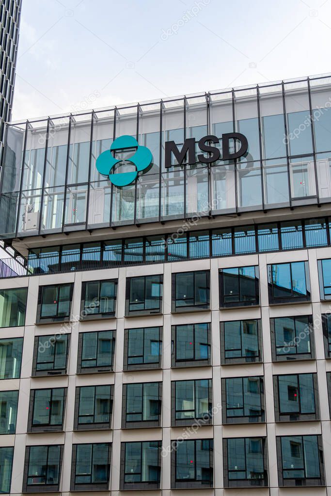 Puteaux, France - April 16, 2025: Exterior view of the building housing the headquarters of Merck Sharp and Dohme (MSD) France, the French subsidiary of the American pharmaceutical group Merck and Co