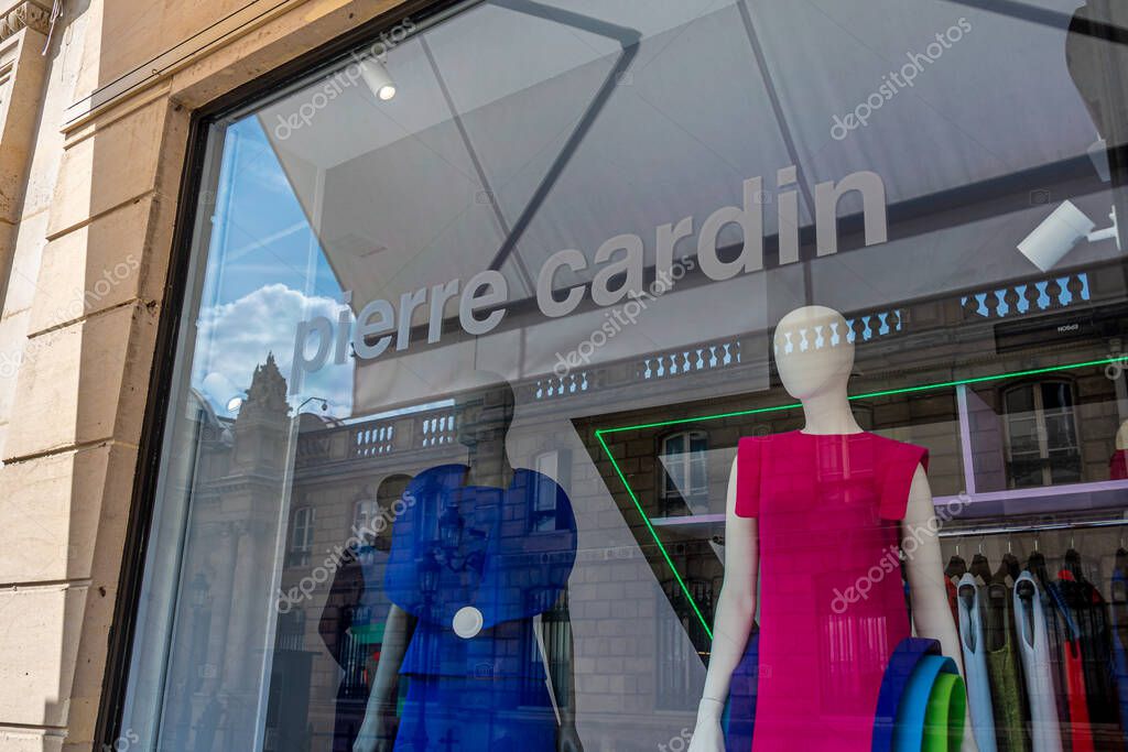 Paris, France - June 16, 2025: Exterior view of a Pierre Cardin boutique. Pierre Cardin is a French clothing and luxury brand founded by fashion designer Pierre Cardin