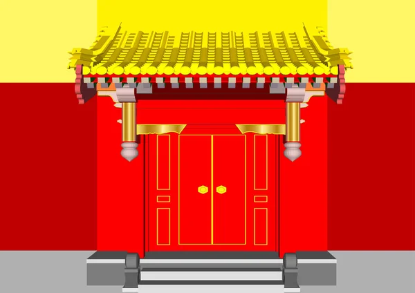 赤の背景に隔離された中国のドアの入り口の3Dイラスト 緑の屋根と伝統的なゲート — ストックベクタ
