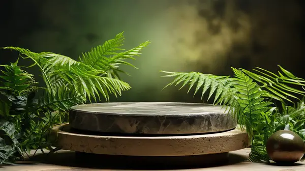 Doğal yeşil arka planda doğal taş ve beton podyum ambalaj ürünleri sunumu için boş şov için. Kozmetik ürünleri için arka plan, yeşil yapraklı sahne. Kalıbı düzenle