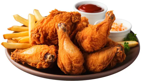 Kızarmış Tavukları Beyaz Tabakta Kapatın Masada İzole Edildi. Lezzetli ve Sarı Altın Renkli Bak.