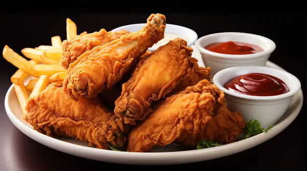 Kızarmış Tavukları Beyaz Tabakta Kapatın Masada İzole Edildi. Lezzetli ve Sarı Altın Renkli Bak.