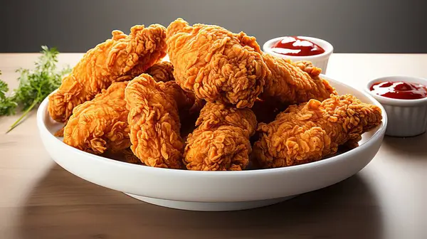 Kızarmış Tavukları Beyaz Tabakta Kapatın Masada İzole Edildi. Lezzetli ve Sarı Altın Renkli Bak.