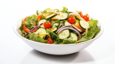 Izgara ördek göğsü ve kiraz domatesli salata, salatalık, papatya, marul ve roka beyaz masa arkasında, üst manzara afişi.