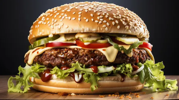 Modern Amerikan hamburgerleri. Et ve tavuk pirzolası ile sulu hamburgerler, açık ateşte kızartılmış.