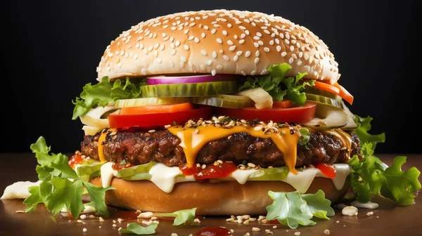 Modern Amerikan hamburgerleri. Et ve tavuk pirzolası ile sulu hamburgerler, açık ateşte kızartılmış.