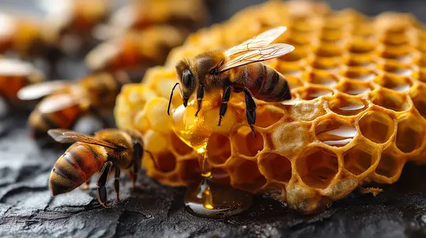 Arılı bir bal peteği gösterilir, bir arı bal peteğinden su içer..