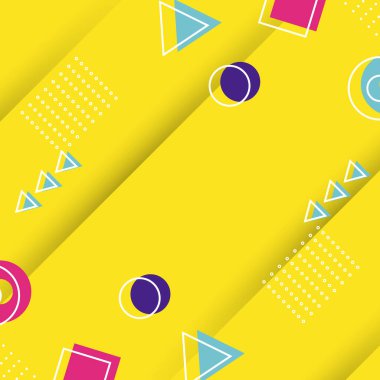 Sarı arka planda Memphis elementi olan renkli bir doku. Vektör illüstrasyonu.