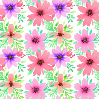 Çiçek şeklindeki suluboya pürüzsüz desen. Vektör çizimi. Çiçek şeklinde, dikişsiz desen. Vektör illüstrasyonu.