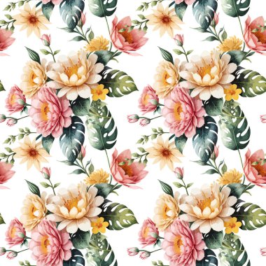 Çiçek şeklindeki suluboya pürüzsüz desen. Vektör illüstrasyonu.