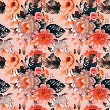 Çiçek şeklindeki suluboya pürüzsüz desen. Vektör illüstrasyonu.