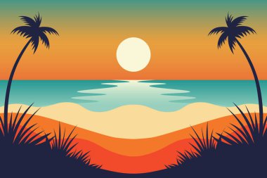 Tropik Günbatımı Huzuru, yaz arkaplanı. Vektör illüstrasyonu.