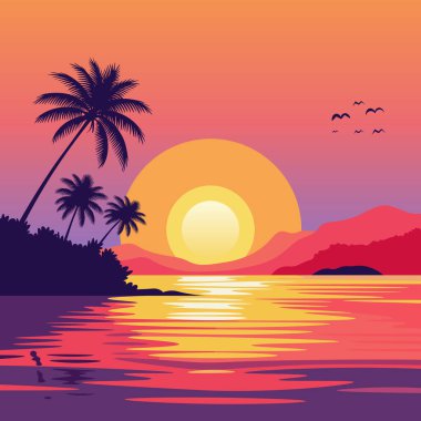 Palmiye ağaçları, sakin sular, canlı turuncu, pembe ve mor renklerle güzel bir tropikal gün batımı sahnesi. Vektör