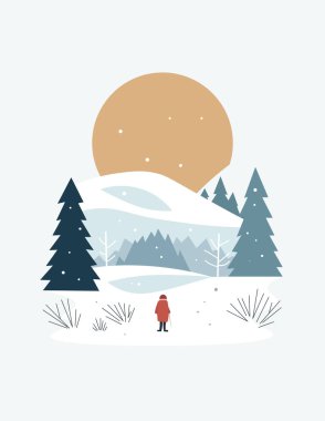 A Solitary Wanderer Beneath the Golden Winter Sun, Surrounded by Snow-Covered Hills and Towering Pines