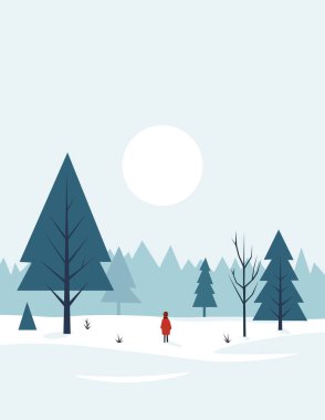 A serene winter scene of a lone figure in red, surrounded by snow-covered trees under a soft, pale sky. clipart