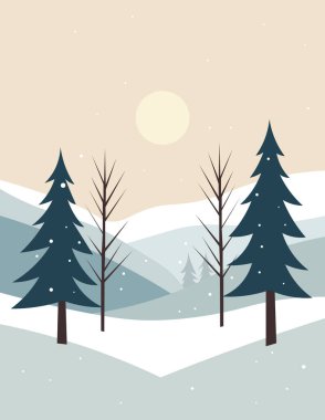 Minimalist kış sahnesinde karla kaplı tepeler, çam ağaçları ve arka planda soluk bir güneş, barışçıl bir atmosfer yaratıyor..