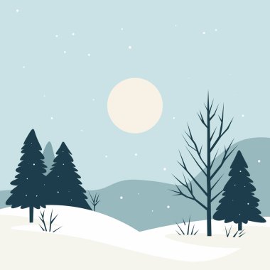 Karla kaplı tepeler, yüksek yeşil ağaçlar ve uzak dağların üzerinden yükselen soluk bir güneş içeren sakin bir kış manzarası..