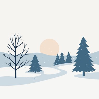 Minimalist kış manzarası, karlı tepeler, yemyeşil ağaçlar ve yumuşak pastel tonlarda sakin bir gündoğumu. Mevsimlik temalar ve tatil tasarımları için mükemmel.