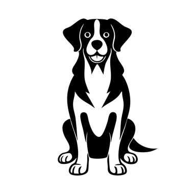 Bu görüntü, oturan bir köpeğin siyah-beyaz çizimi. Köpeğin dostça bir ifadesi vardır, belirgin bir burnu, kulakları ve sallanan bir kuyruğu vardır, onu görsel olarak çekici kılar..