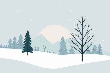 Karla kaplı bir zemin, çeşitli yemyeşil ağaçlar, çıplak bir ağaç ve uzak dağların ardında yavaşça düşen kar taneleriyle batan büyük bir güneş içeren sakin bir kış sahnesi..