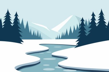 A picturesque winter scene with snow-capped mountains, a winding river, and a dense forest of evergreen trees. The image evokes a sense of tranquility and peacefulness.