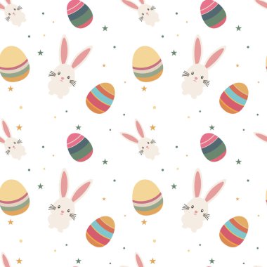Canlı ve hareketli paskalya deseni. Yumurtalar, tavşanlar ve bahar elementleri festival tasarımları için mükemmel..