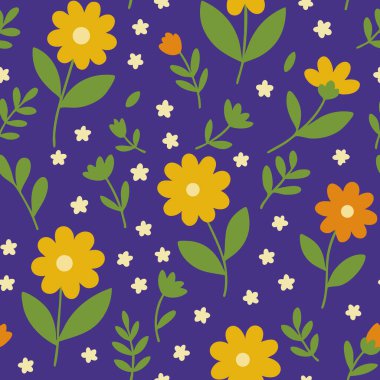 Moda eserleri ev dekorasyonu ve yaratıcı tasarım projeleri için ideal canlı, oyuncu çiçeklerle süslenmiş kusursuz bir desen.